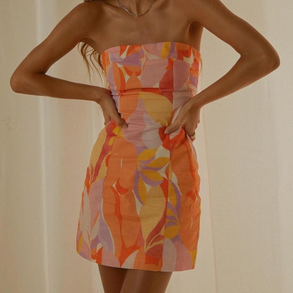 Peppermayo Sunday Spritz Tube Dress Paloma Print Linen Cotton Strapless US 10